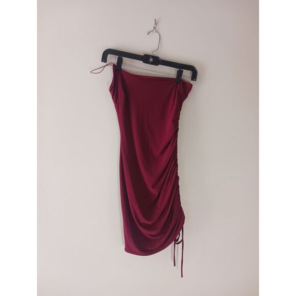 Burgundy Ruched One Shoulder Mini Dress - Picture 5 of 15